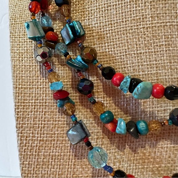 Multi-color Genuine Gemstone & Acrylic Bead Necklace, multistrand red blue brown - Picture 7 of 11